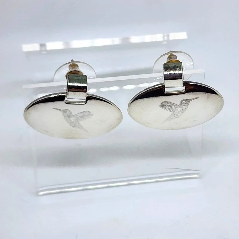 Vintage BEST Etched Hummingbird Silver Oval Pierced Earrings NOC NOS